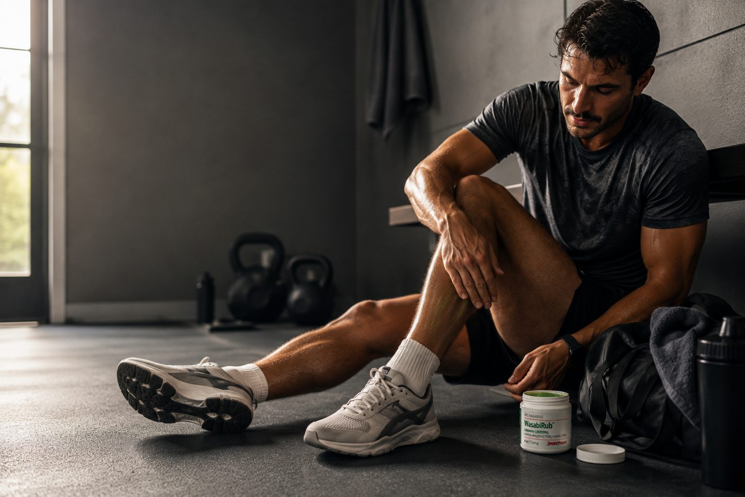 Athlete resting after a workout with WasabiRub nearby